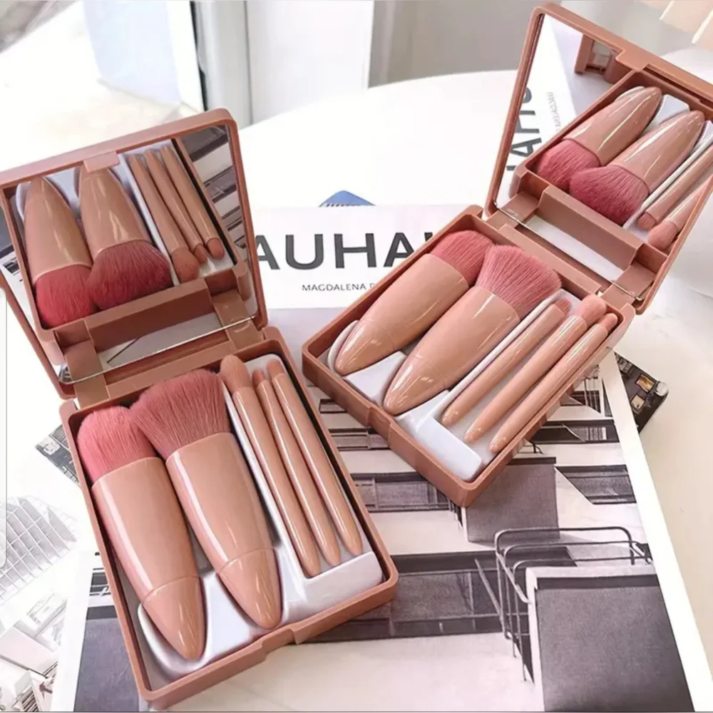 5 Pc Mini Travel Makeup Brush & Mirror Set - New